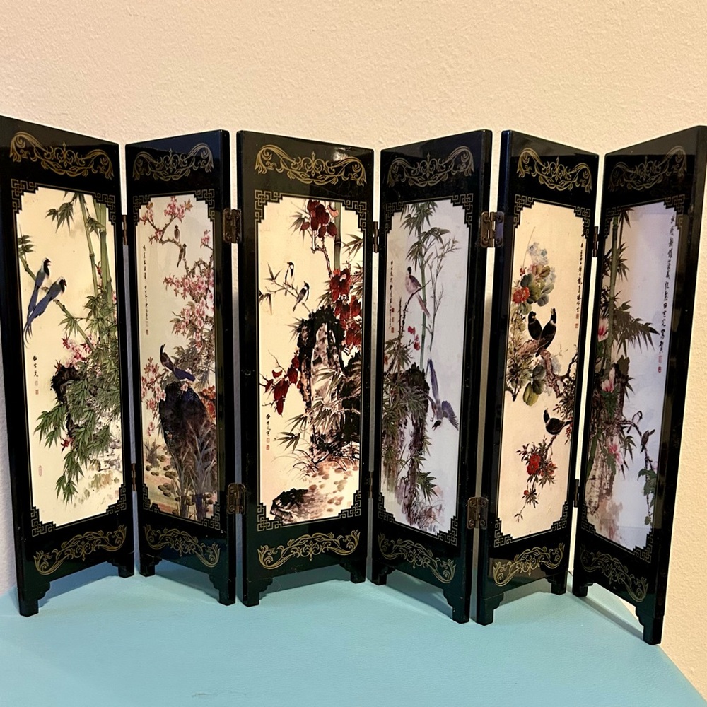 Wood Lacquer Painting flower bird table screen 6 fold double sided